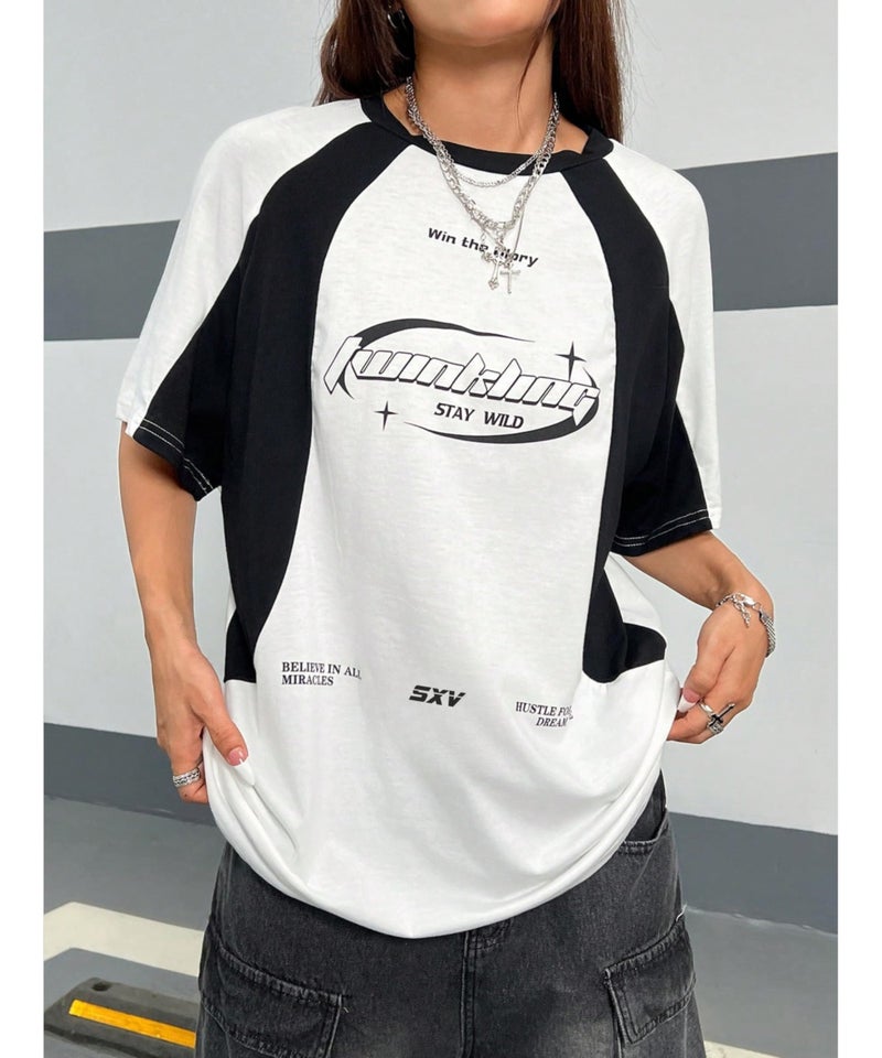 SXV STYLE Women Cotton 'Hustle for The Dream Life' Printed Cool Aesthetic Oversized Baggy T-Shirt (in, Alpha, 2XL, Regular, White&Black) - Image 5