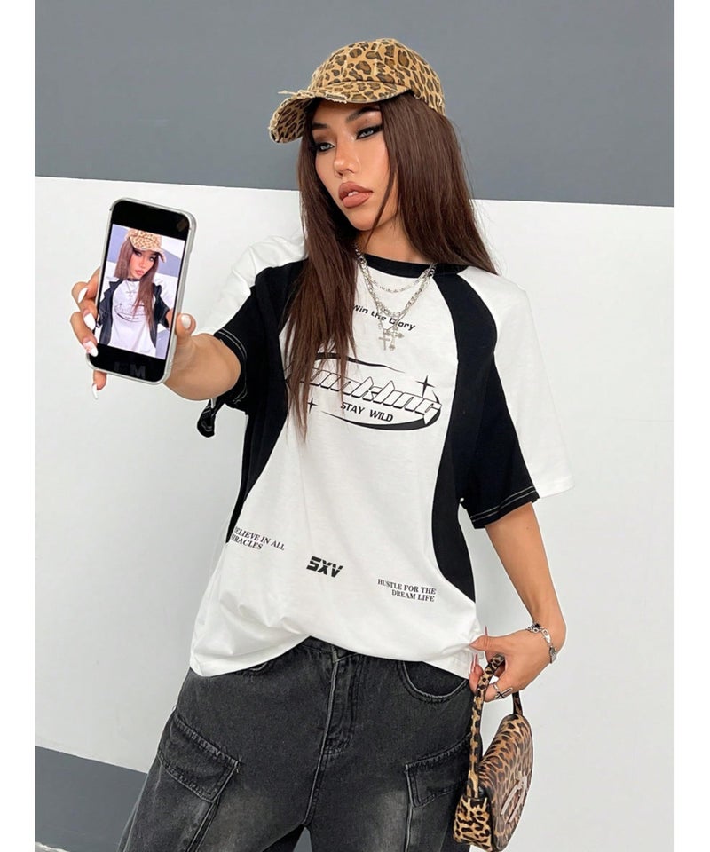 SXV STYLE Women Cotton 'Hustle for The Dream Life' Printed Cool Aesthetic Oversized Baggy T-Shirt (in, Alpha, 2XL, Regular, White&Black) - Image 4