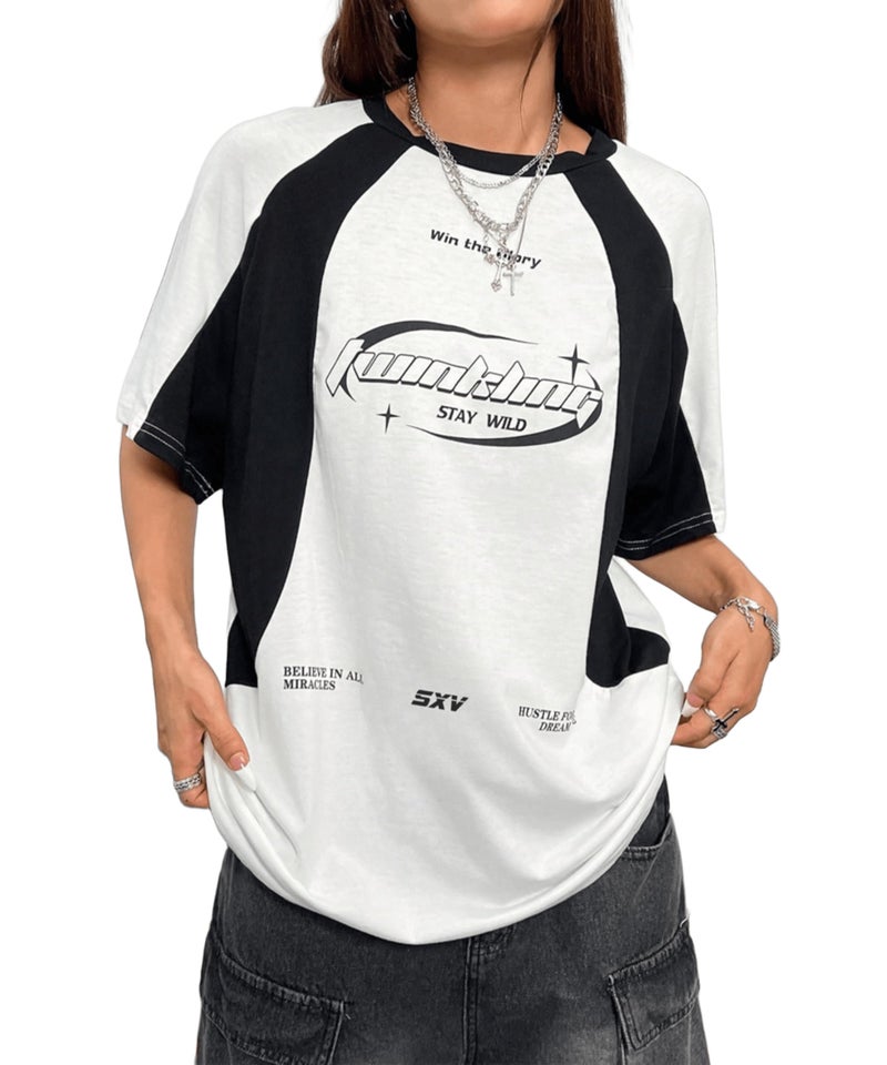 SXV STYLE Women Cotton 'Hustle for The Dream Life' Printed Cool Aesthetic Oversized Baggy T-Shirt (in, Alpha, 2XL, Regular, White&Black) - Image 1