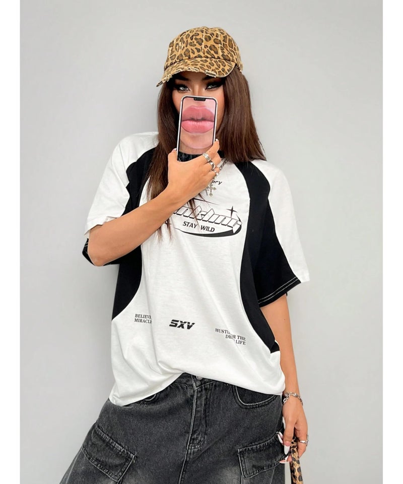 SXV STYLE Women Cotton 'Hustle for The Dream Life' Printed Cool Aesthetic Oversized Baggy T-Shirt (in, Alpha, 2XL, Regular, White&Black) - Image 2