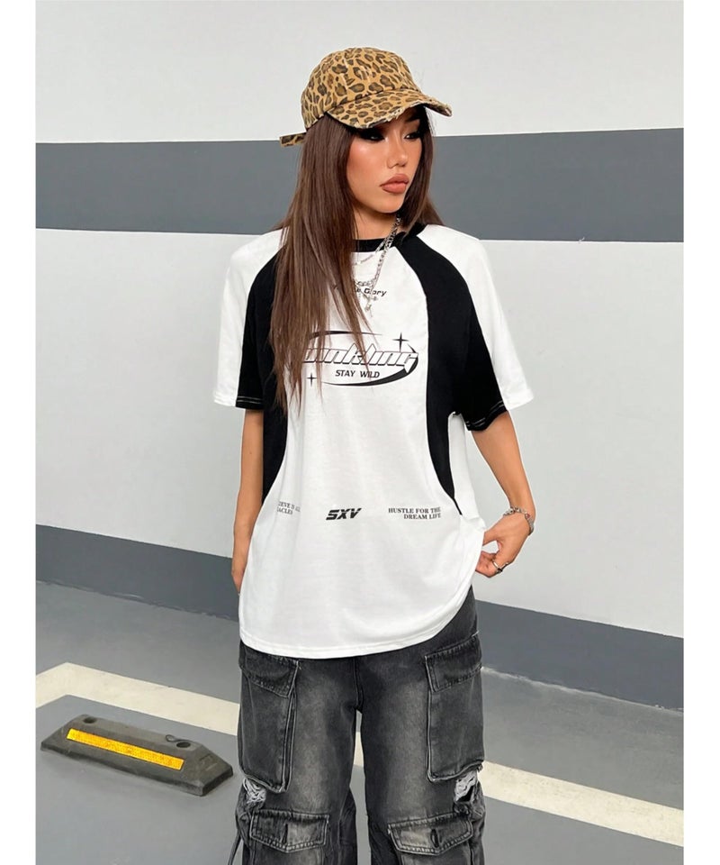 SXV STYLE Women Cotton 'Hustle for The Dream Life' Printed Cool Aesthetic Oversized Baggy T-Shirt (in, Alpha, 2XL, Regular, White&Black) - Image 3