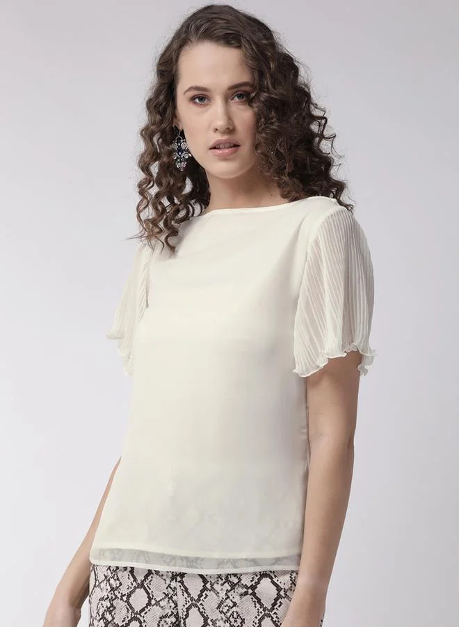 Mish Solid Boat Neck Top with Plisse Sleeves by Styli