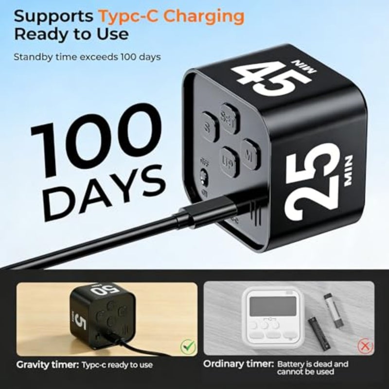 Pomodoro Cube Timer Productivity Visual Timer - 5/10/25/45 Min Rotating Countdown, Customize Countup Silent Mode- for ADHD Study Work School Game Kitchen Black - Image 5