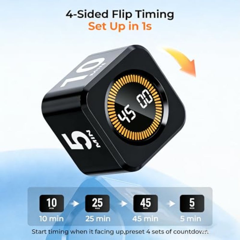 Pomodoro Cube Timer Productivity Visual Timer - 5/10/25/45 Min Rotating Countdown, Customize Countup Silent Mode- for ADHD Study Work School Game Kitchen Black - Image 3