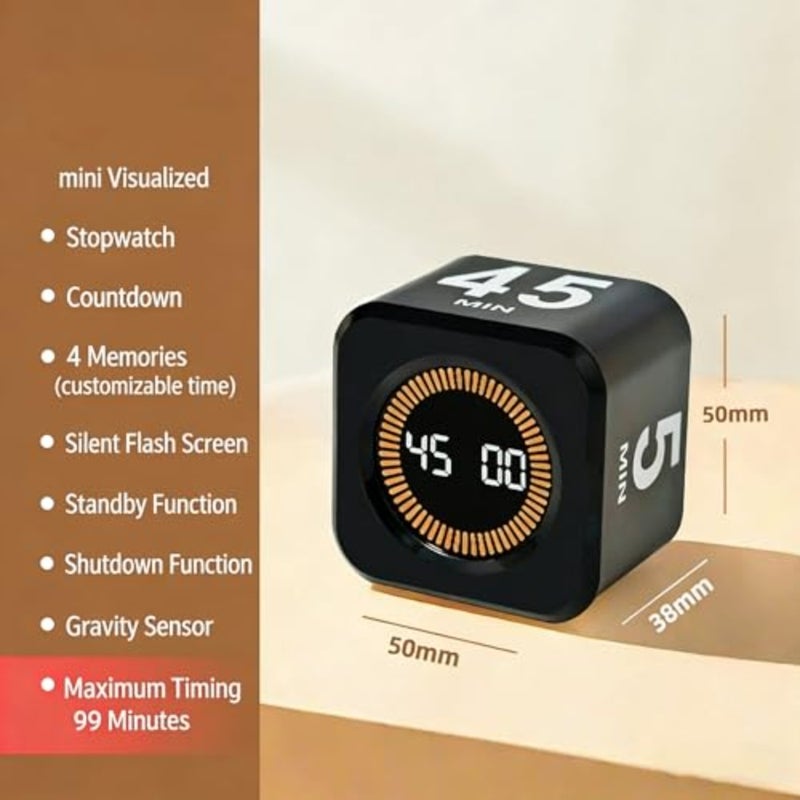 Pomodoro Cube Timer Productivity Visual Timer - 5/10/25/45 Min Rotating Countdown, Customize Countup Silent Mode- for ADHD Study Work School Game Kitchen Black - Image 2