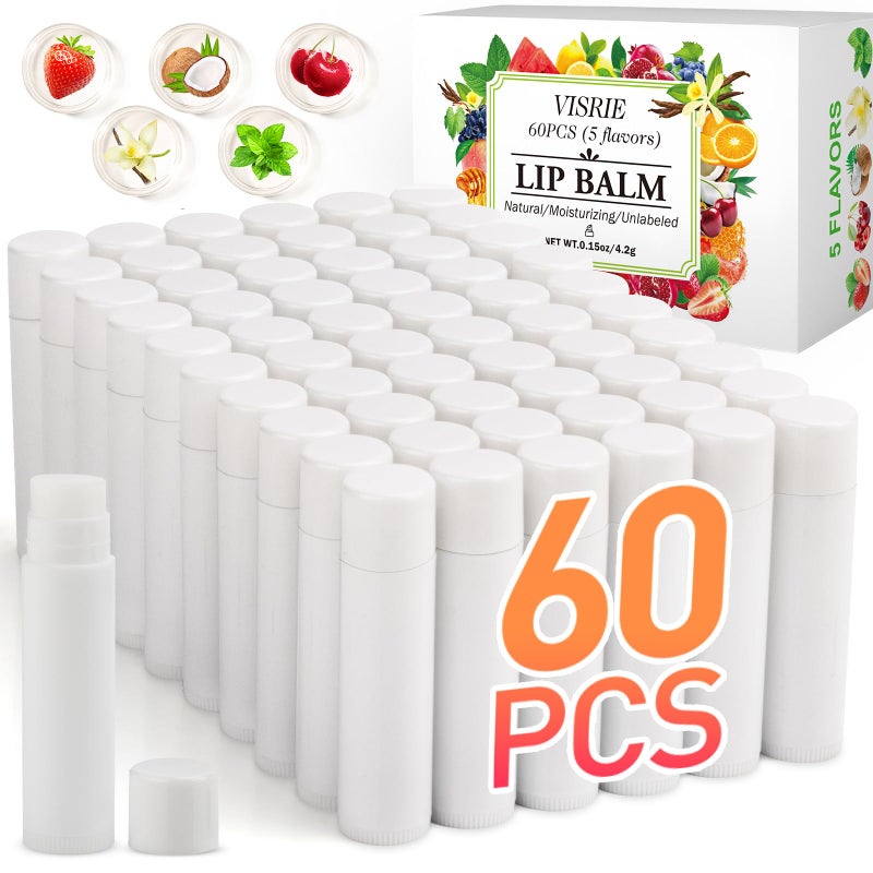 VISRIE 60 Pack Lip Balm Unlabeled, Natural Lip Balm Bulk Blank Tube, Personalized Lip Balms for Party Favors Adults and Bridal Shower Favors or Baby Shower Gifts-5 Flavors - Image 1
