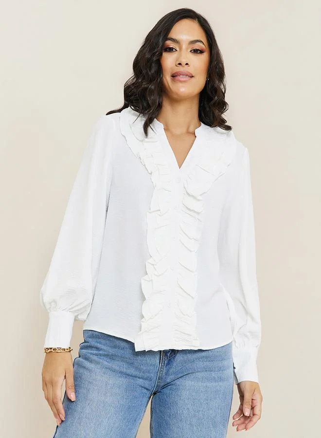Styli Notch Neck Frill Detail Regular Fit Blouse