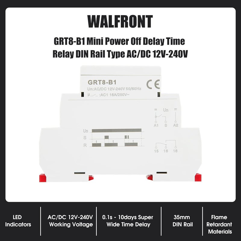 Wal front GRT8-B1 AC/DC 12V~240V Delay Time Relay Mini Power Off Delay Time Relay DIN Rail Type with LED Indicators Single Function Power Off Delay Relay - Image 4