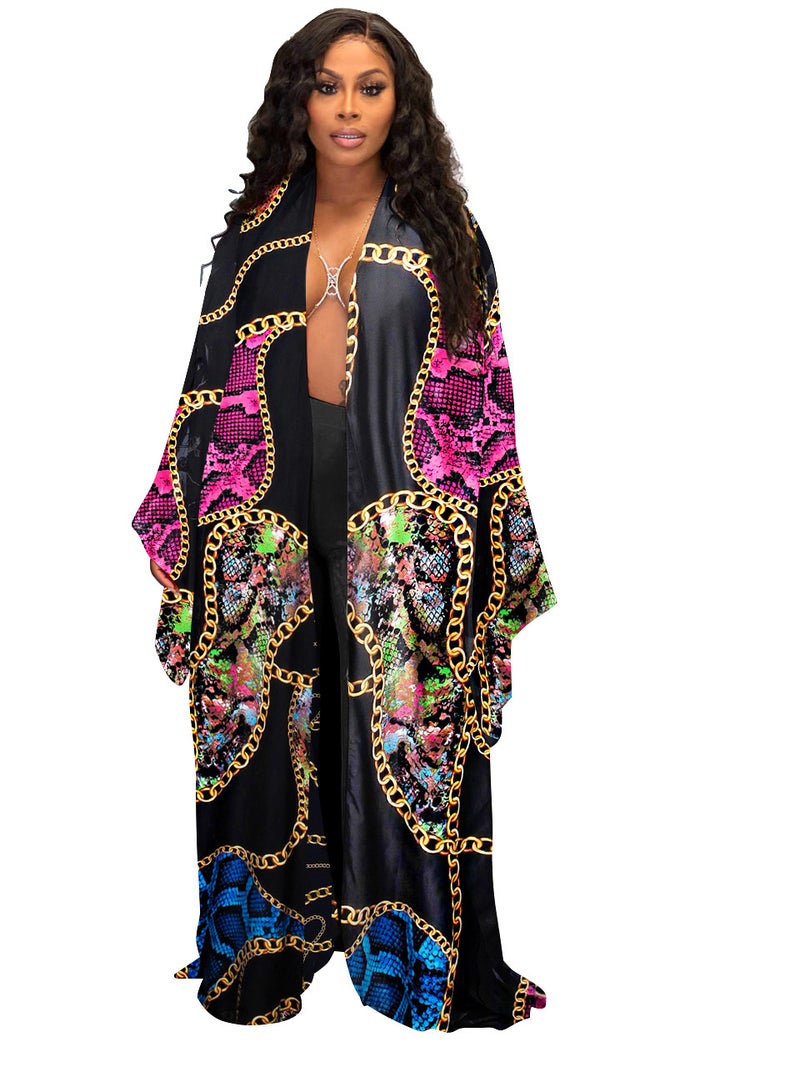 K10173 Euro-American Fashion Silk-like Printed Kimono Wrap Coat Black Rose red snake pattern