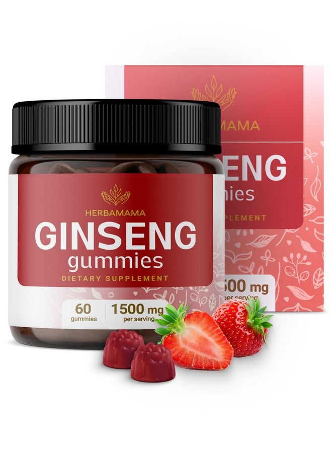 HERBAMAMA Panax Ginseng Gummies - 1500mg Korean Red Ginseng Root for Energy Support - Vegan, Non-GMO Red Panax Immune Support Supplement - 60 Pectin-Based Strawberry-Flavored Chews - Image 1