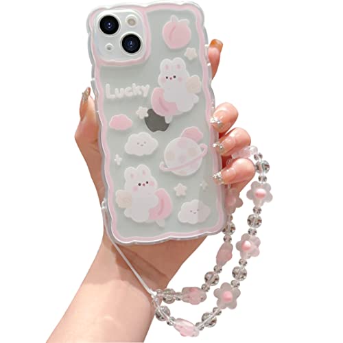 ZSYTZL Compatible with iPhone 13 Case Cute Cartoon Peach Rabbit with Cute Chain Design for Women Girls Aesthetic Kawaii Slim Soft TPU Transparent Case for iPhone 13-Peach Rabbit - Image 1