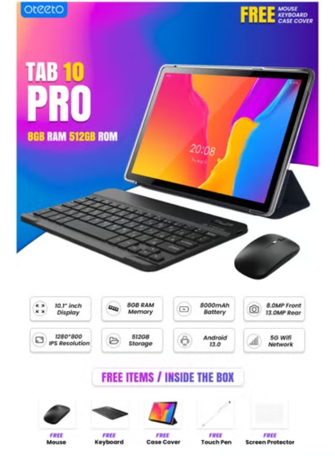 Oteeto TAB 10 Pro Android 13 Tablet with 10.1-Inch Display – 8GB RAM, 512GB ROM, 5G Single SIM + Wi-Fi – Includes Keyboard, Mouse, Stylus Pen, OTG Cable & Flip Cover – 8000mAh Battery, 13MP Rear + 8MP Front Cameras – High-Performance Tablet for Study, Work & Productivity - Image 5
