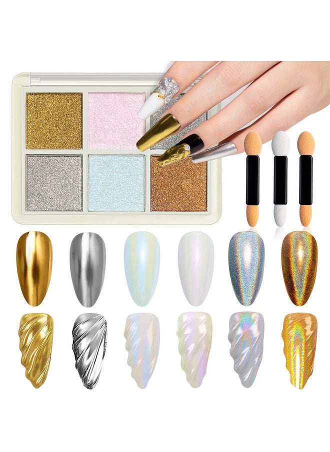 MIZHSE Pearl Chrome Nail Powder For Nails Iridescent Mermaid Glitter Powder Holographic Solid Pigment Aurora Gold Silver Mirror Powder Nail Art(6 In 1)  - Image 1