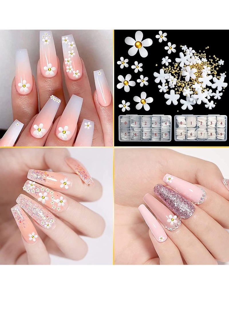 FengSVMA Nails Kit Acrylic Set 1000Pcs Press Nail with 3D White Flower Nail Art Charm Decoration - Image 2