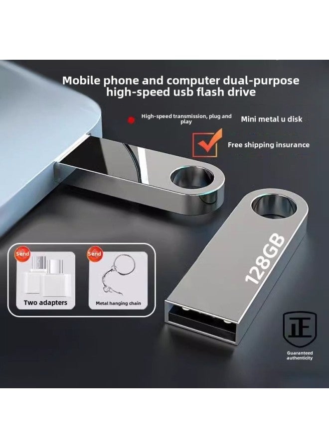High-speed U Disk 128g Large-capacity Mobile Phone Computer Dual-use 64g Car Student USB 32g Waterproof High-speed-Capacity:Official Standard-Interface:128g Silver [high-speed Version] + 2 Adapters (can Also Be Used On Phones) - Image 2