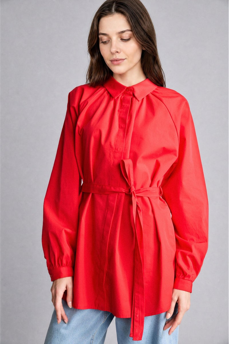 DeFacto Red Woman Relax Fit Poplin Long Sleeve Tunic Casual - Image 3
