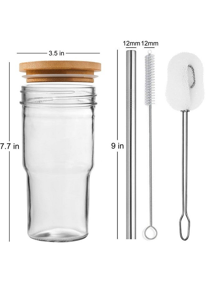 ALINK 4-Pack Glass Cups with Bamboo Lids and Straws, 22oz Mason Jar Glass Tumbler, Reusable Boba Cups, Iced Coffee Drinking Glasses for Bubble Tea, Smoothies, Juice - 2 Cleaning Brush - Image 2