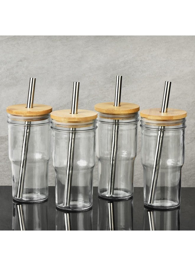 ALINK 4-Pack Glass Cups with Bamboo Lids and Straws, 22oz Mason Jar Glass Tumbler, Reusable Boba Cups, Iced Coffee Drinking Glasses for Bubble Tea, Smoothies, Juice - 2 Cleaning Brush - Image 5