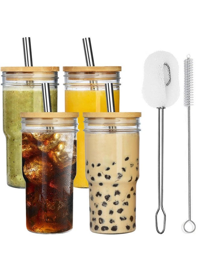 ALINK 4-Pack Glass Cups with Bamboo Lids and Straws, 22oz Mason Jar Glass Tumbler, Reusable Boba Cups, Iced Coffee Drinking Glasses for Bubble Tea, Smoothies, Juice - 2 Cleaning Brush - Image 1