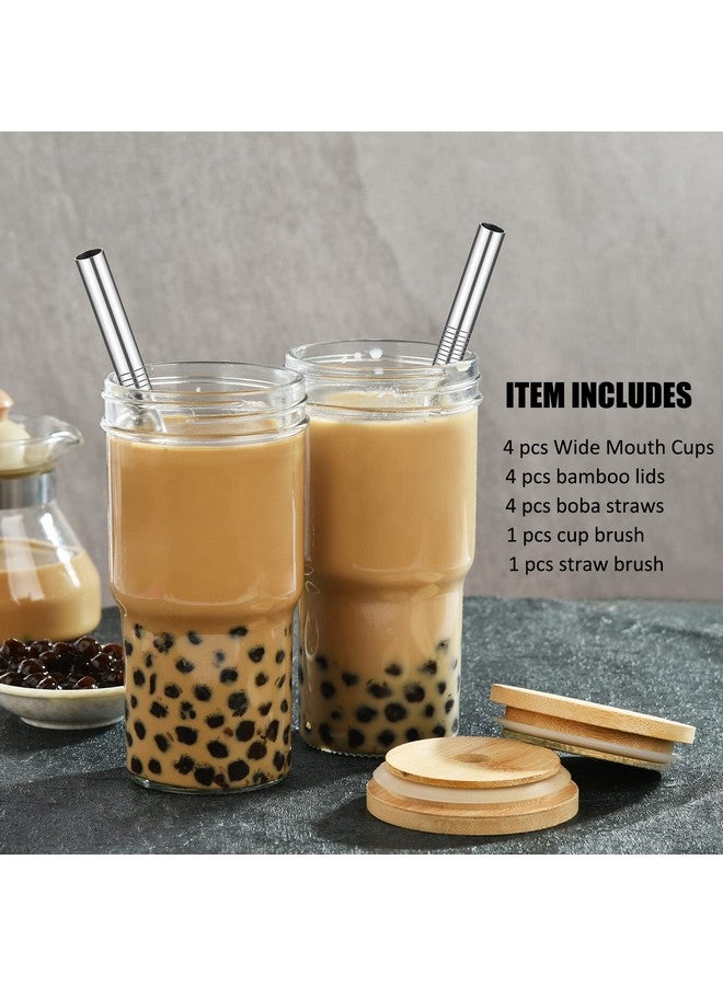 ALINK 4-Pack Glass Cups with Bamboo Lids and Straws, 22oz Mason Jar Glass Tumbler, Reusable Boba Cups, Iced Coffee Drinking Glasses for Bubble Tea, Smoothies, Juice - 2 Cleaning Brush - Image 4