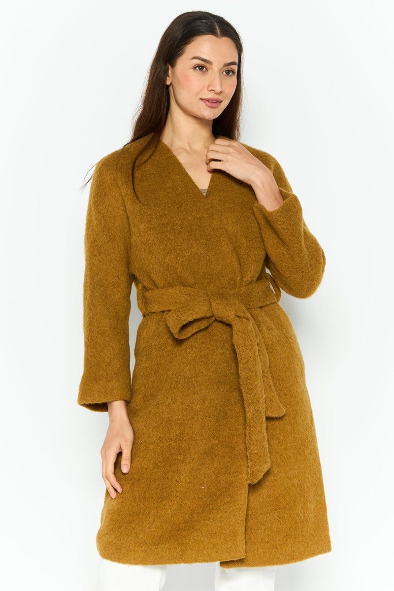 VERO MODA Women Faux Fur Shearling Trench Coat, Khaki  - Image 1