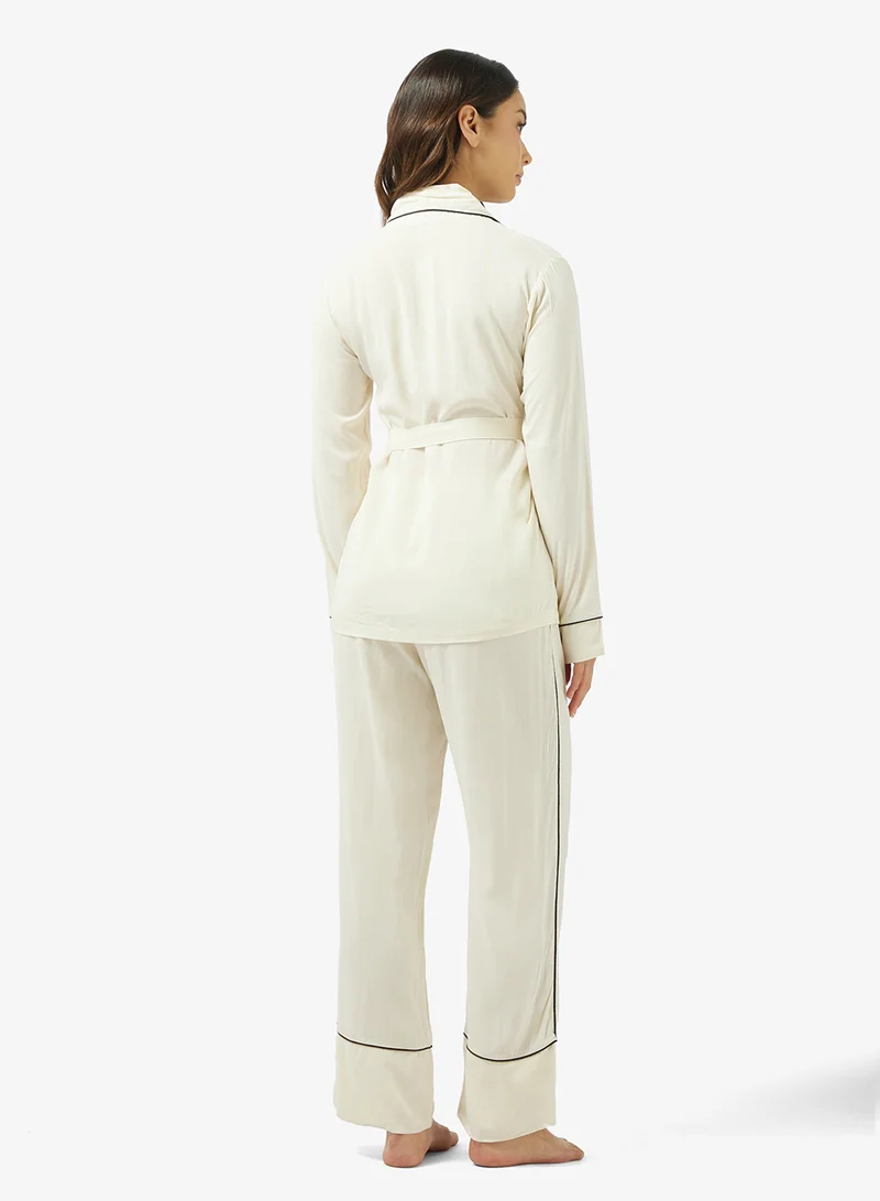 جينجر Contrast Trim Belted Wrap Top & Pyjama Set