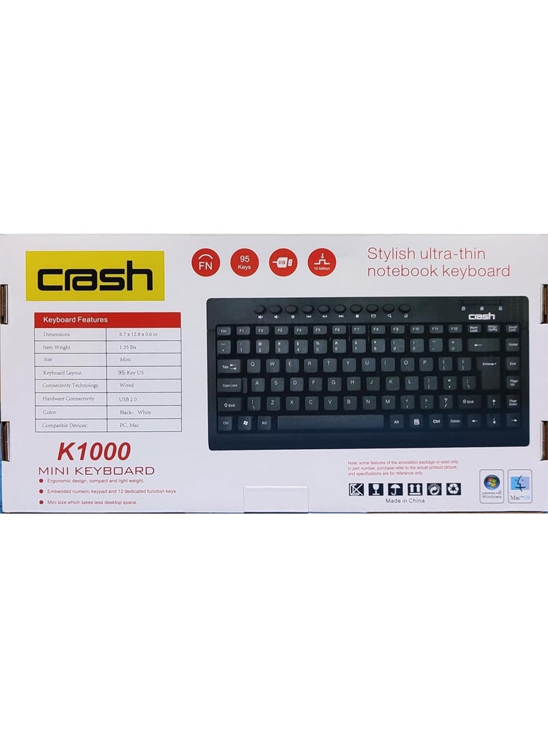 Crash K1000 Mini USB Multimedia Keyboard for PC and Laptop, Multi-Color - Image 2