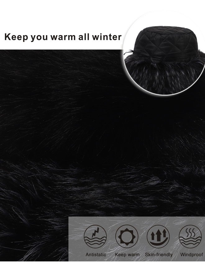 LA CARRIE Fuzzy Winter Faux Fur Bucket Hats for Women Wide Brim Fluffy Warm Fisherman Cap for Ski Snow(Black) - Image 3