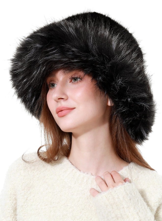 LA CARRIE Fuzzy Winter Faux Fur Bucket Hats for Women Wide Brim Fluffy Warm Fisherman Cap for Ski Snow(Black) - Image 1
