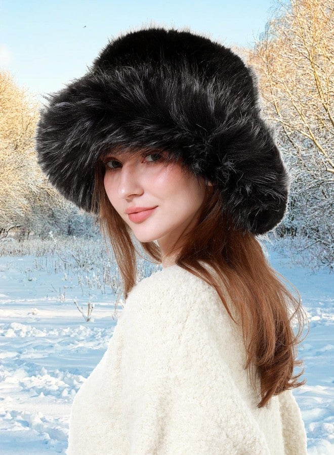 LA CARRIE Fuzzy Winter Faux Fur Bucket Hats for Women Wide Brim Fluffy Warm Fisherman Cap for Ski Snow(Black) - Image 5