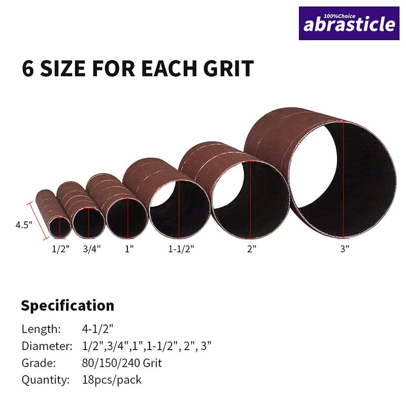 abrasticle 18 Pack Spindle Sander Sleeves, Sanding Sleeves for Oscillating Sander, 80 150 240 Assorted Grit Sandpaper, 4-1/2" Length, 1/2",3/4",1",1-1/2", 2", 3" Diameter - Image 3