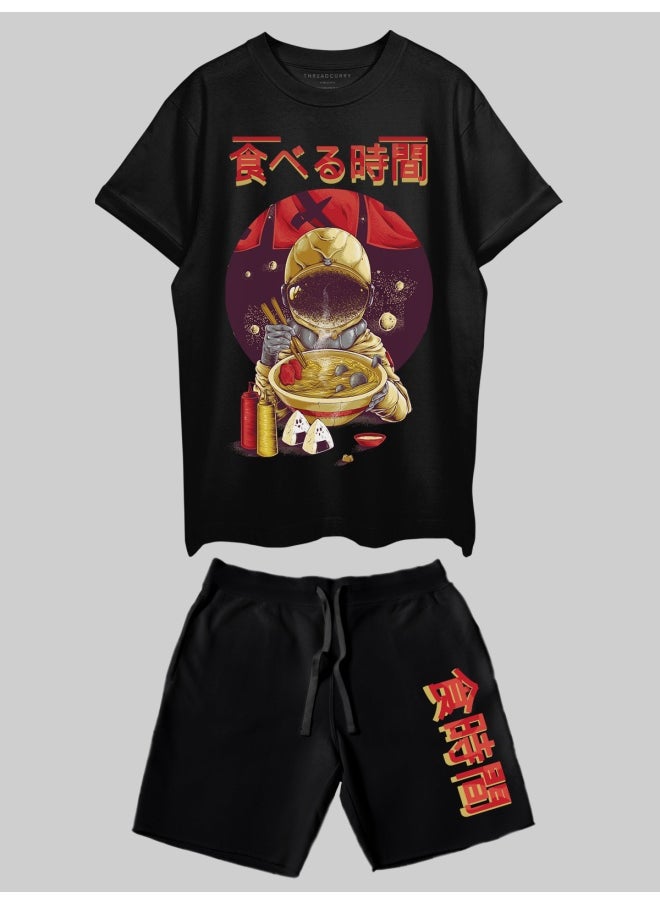 THREADCURRY THREADCURRY Astronaut Eat Time Printed Co-ord Set for Men - Half Sleeve Oversized T-Shirt and Shorts  - Image 1