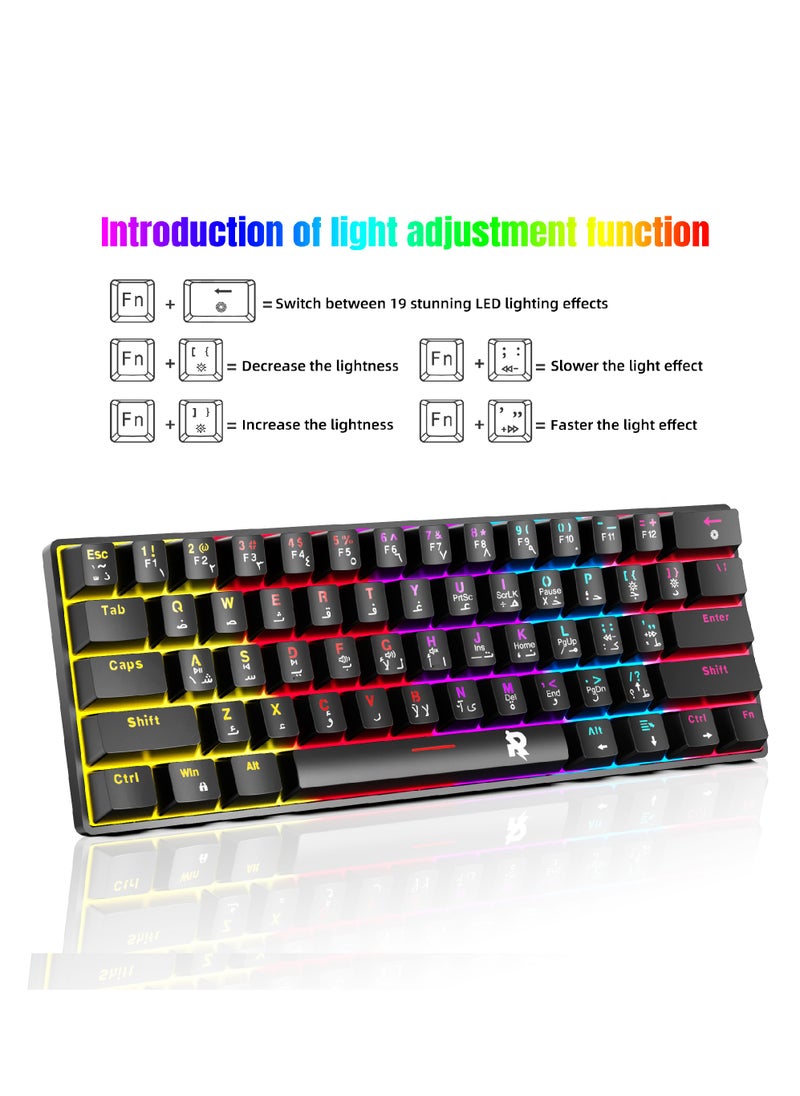 Rock Pow ROCK POW 60% Wired Mechanical Gaming Keyboard, 61keys RGB Backlit Ultra-Compact Mini Keyboard, Mini Compact for PC/Mac Gamer, Typist, Easy Carry on Trip Red Switch, Arabic English  - Image 3