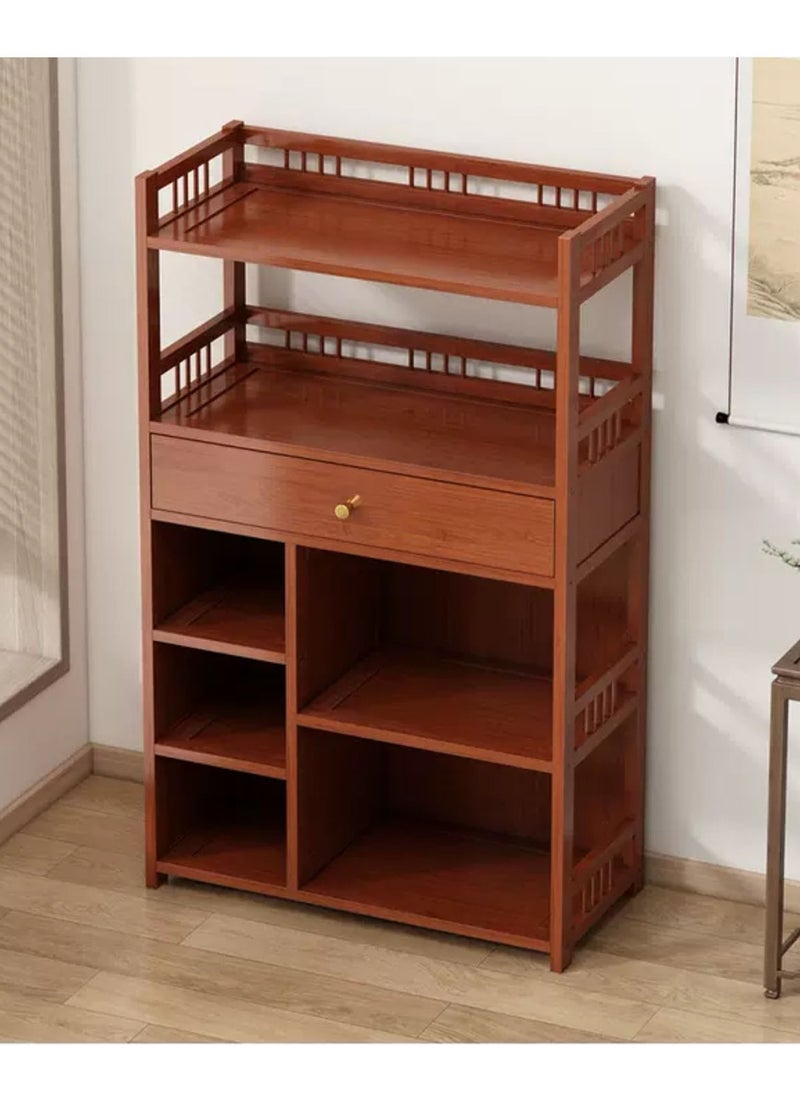 LINGWEI - Modern Bamboo Bookshelf Cabinet Multi Layer Wooden Storage Rack For Living Room Floor Standing Bookcase with Expandable Desk Organizer - Image 1