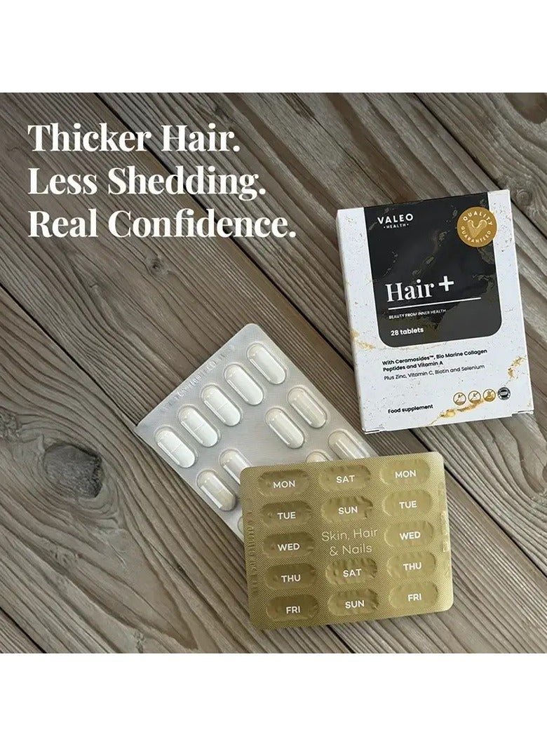 Valeo Hair+ | Biotin & Collagen Peptides Supplement | 28 Actives | Supports Thicker Looking Hair | Multivitamins for Women | 28 Tablets - Image 2
