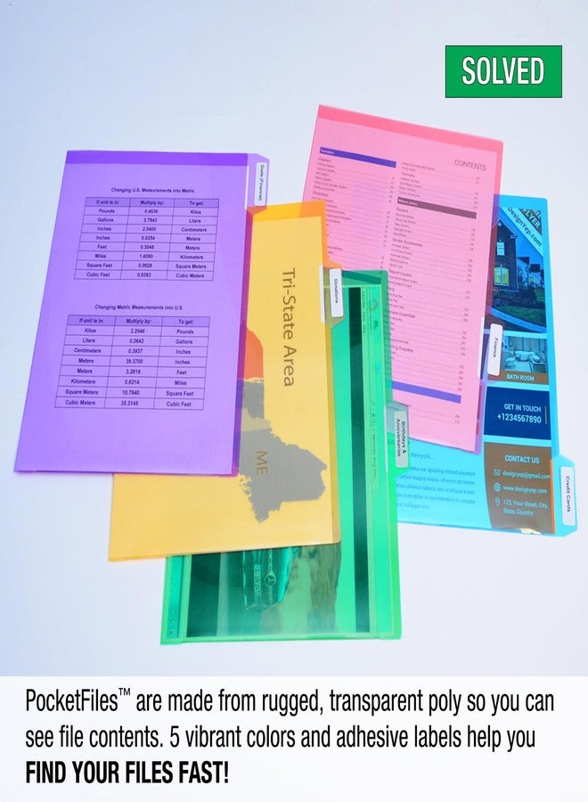 Ultimate Office PocketFile™ Clear Poly Document Folder Project Pockets, 5th-Cut, Letter Size, in 5 Assorted Colors, Set of 25 - Image 3