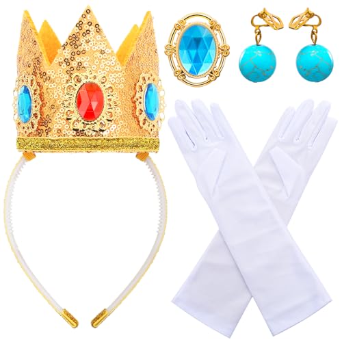 ZIZWO Princess Peach Crown for Kids GirlsPrincess Peach Crown Accessories Kit with Gloves Brooch Earrings for Halloween Birthday Party Dress Up - Image 1