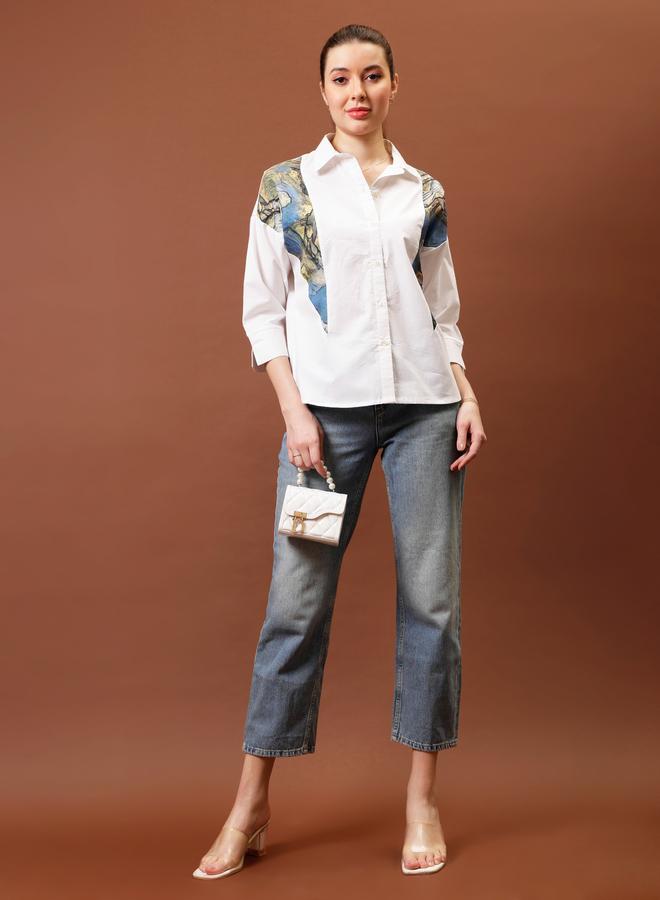 Athena White Abstract Printed Cotton Shirt - Image 2