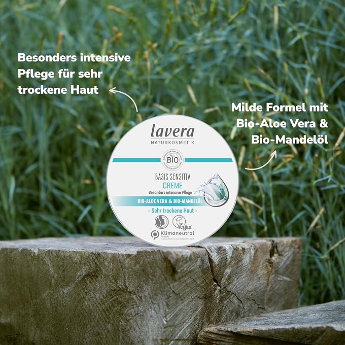 lavera Basic Sensitive Cream - All-Purpose Cream - Natural Cosmetics - Vegan - Organic Aloe Vera & Organic Almond Oil - Particularly Intensive Care - PETA Certified - Biodegradable - 150 ml - Image 3