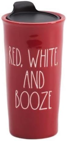 Rae Dunn Red White And Booze Patriotic Ceramic Drinking Mug Cup With Top - Image 1