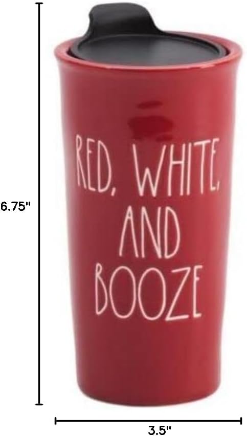 Rae Dunn Red White And Booze Patriotic Ceramic Drinking Mug Cup With Top - Image 4
