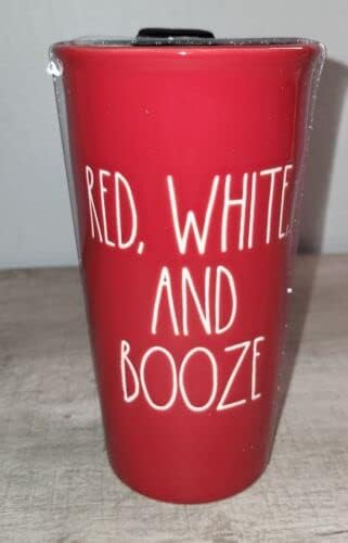 Rae Dunn Red White And Booze Patriotic Ceramic Drinking Mug Cup With Top - Image 3