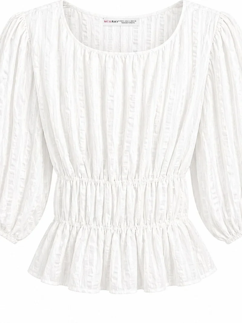 ميكسراي MIXRAY Textured U Collar Three Quarter Sleeve Peplum Blouse