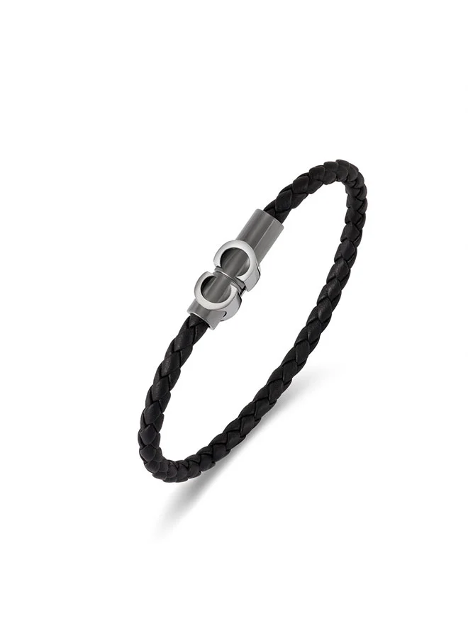 CERRUTI 1881 Carlo Black Leather Grey Chain Bracelet for Men