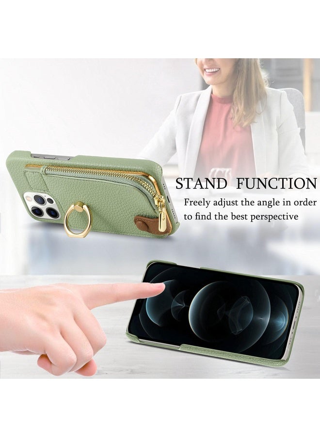 Case Cover For iPhone 12 Pro Litchi Leather Oil Edge Ring Zipper Wallet Back Phone Case(Tea Green)