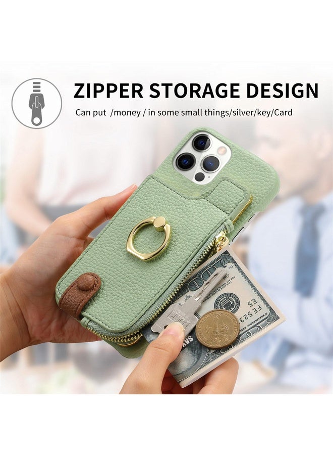 Case Cover For iPhone 12 Pro Litchi Leather Oil Edge Ring Zipper Wallet Back Phone Case(Tea Green)