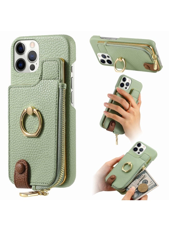 Case Cover For iPhone 12 Pro Litchi Leather Oil Edge Ring Zipper Wallet Back Phone Case(Tea Green)