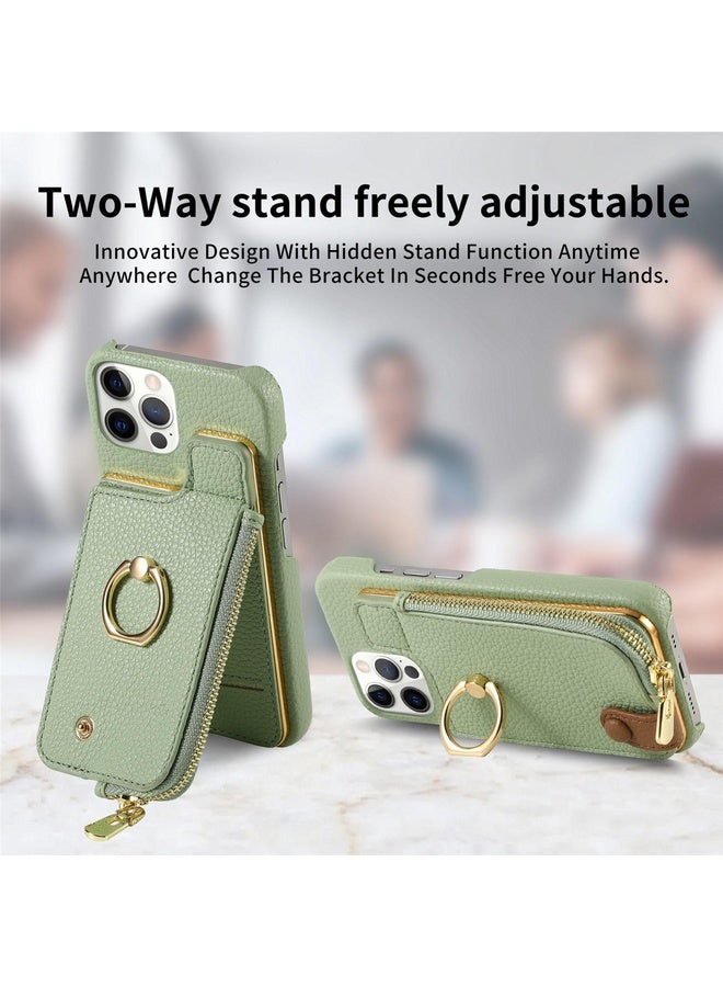 Case Cover For iPhone 12 Pro Litchi Leather Oil Edge Ring Zipper Wallet Back Phone Case(Tea Green)