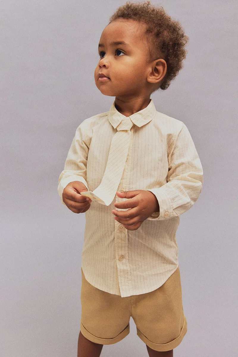 اتش اند ام طقم من قميص وربطة عنق قطني - قطعتين