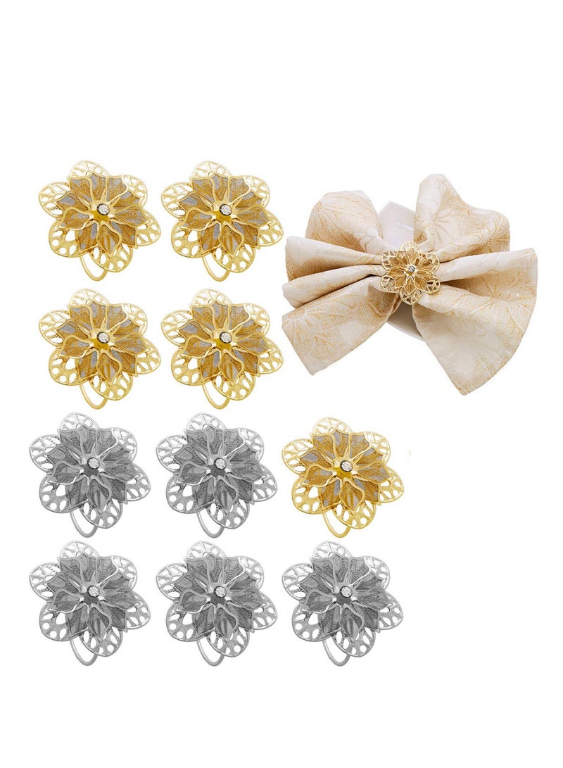 SYOSI Flower Napkin Rings 10 Pieces Napkin Ring Holders Banquet Home Party Decorfor Elegant and Exquisite Table Decor for Wedding Party Dinner - Reusable Napkin Buckle Holder Rings Golden and Silver - Image 1